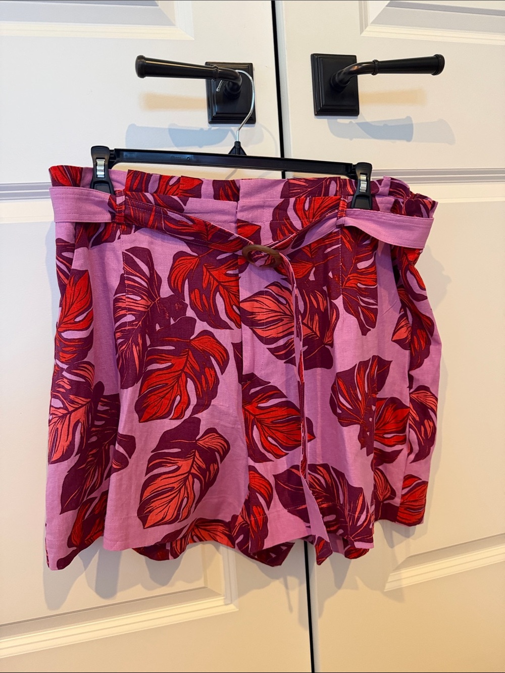 sofia by sofia vergara Purple Floral Print Paperbag Waist Shorts with Red Leaves